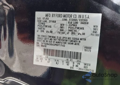 2003 Ford Ranger Edge/Xlt из США, поврежденный, VIN 1FTZR45E43PB71743